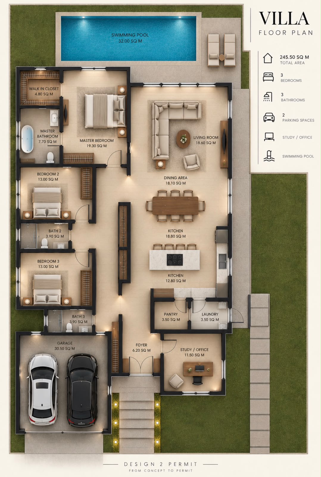 Floor plan drawing showing the arrangement of rooms and the routes between them