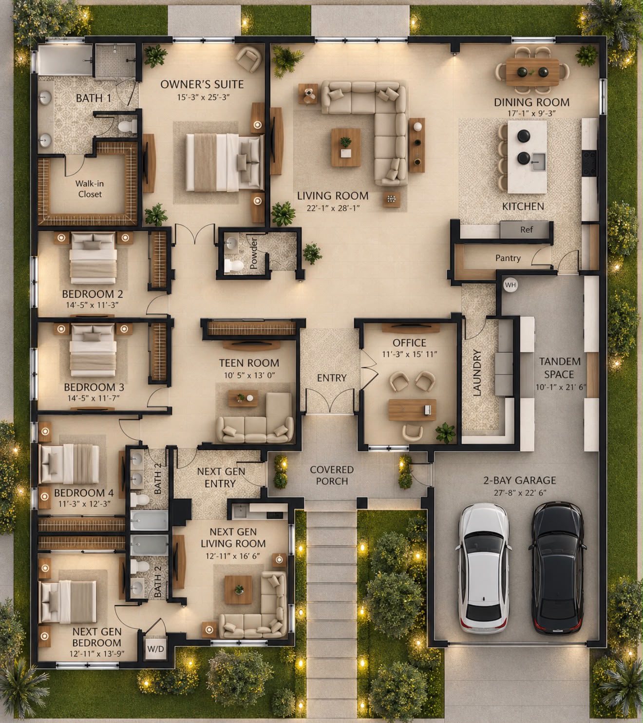 Space planning study showing furniture arrangement and the flow between rooms