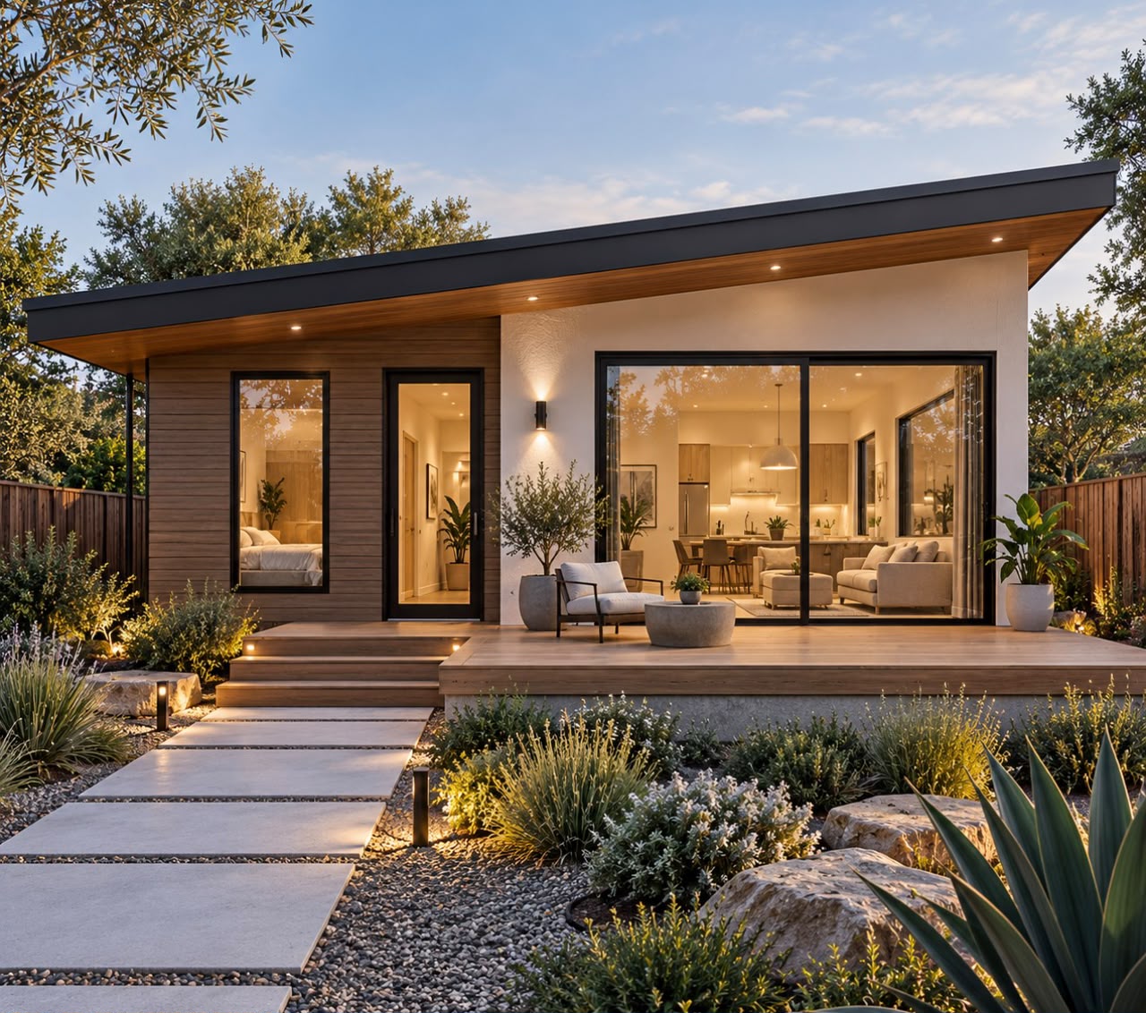 Modern ADU exterior with clean architectural lines, a practical roof and selected materials