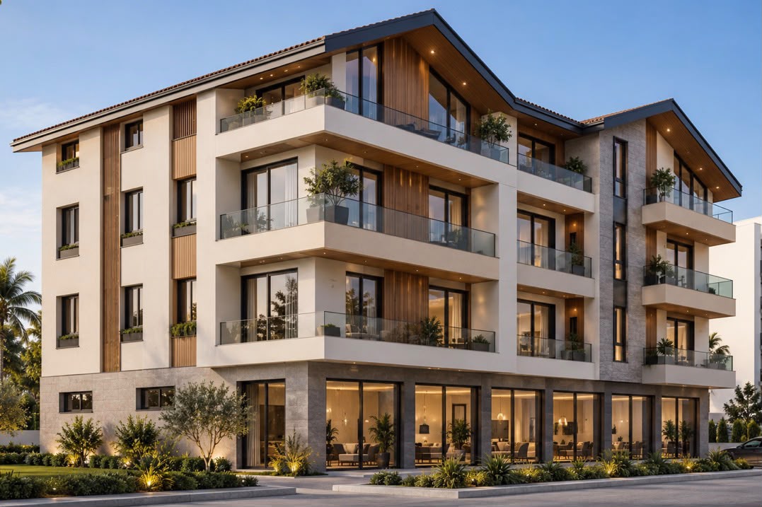 Modern multifamily residential building with stacked units and shared circulation
